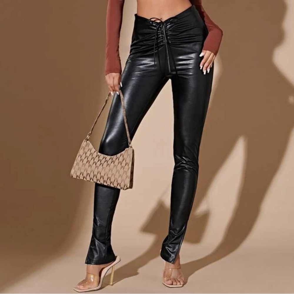 SHEIN |  Drawstring Front Split Hem PU Leather Pants